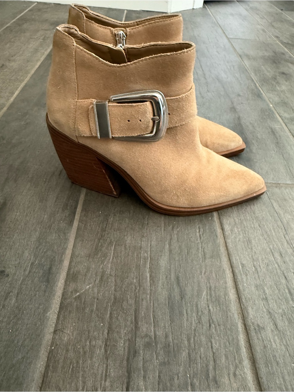 Vince Camuto Tan Suede Ankle Booties with Silver Buckle